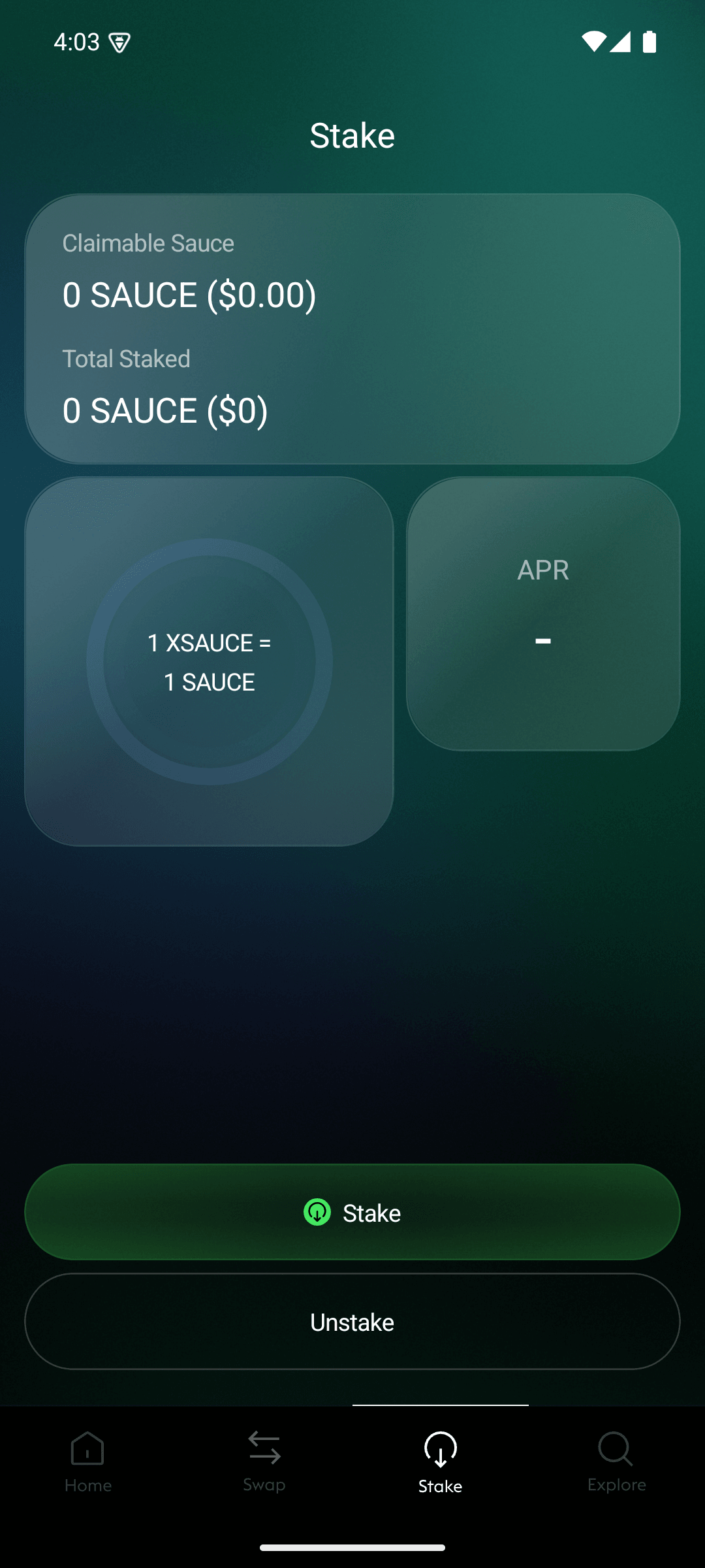 The SaucerSwap mobile app open to its native SAUCE staking screen