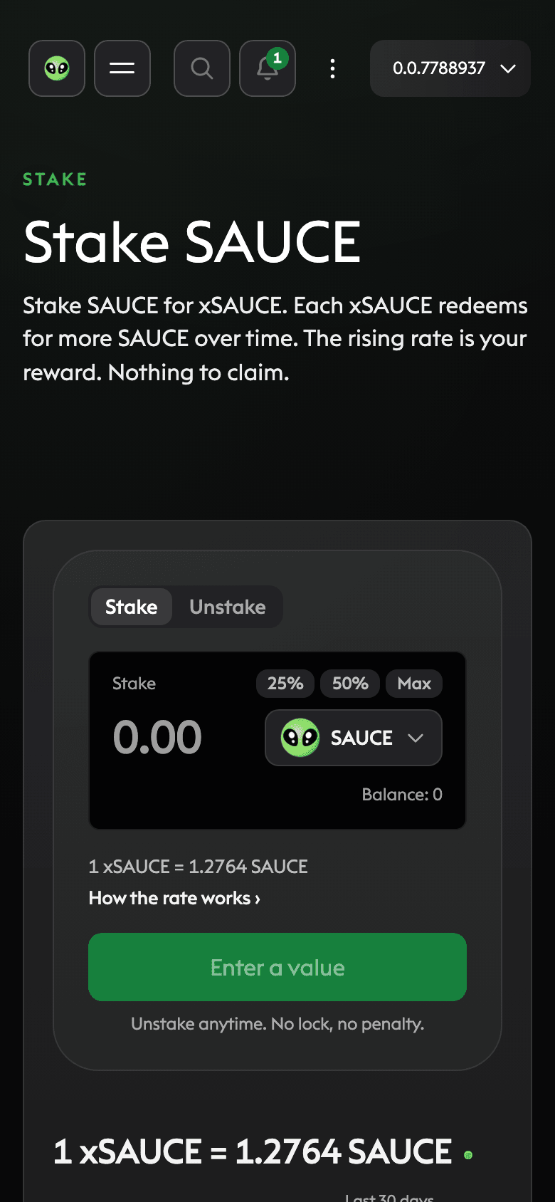 The live SaucerSwap stake interface at phone size showing live SAUCE staking rates