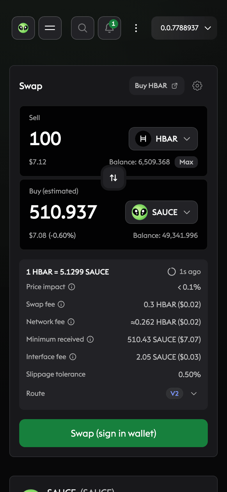 The live SaucerSwap swap interface at phone size with a live HBAR to SAUCE quote, price impact, fees, and minimum received